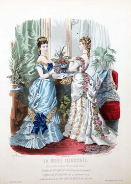 Костюмы дам — Первые «большие» турнюры (~1868-1877)